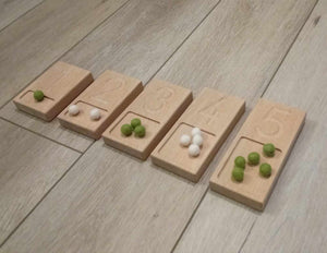 wooden counting trays with coloured felt balls