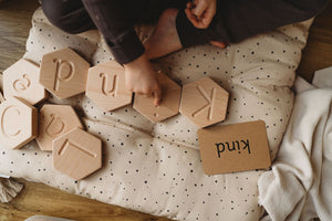 common exception words flashcards and wooden letter tiles