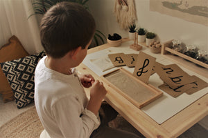 cursive alphabet flashcards and sand writing tray