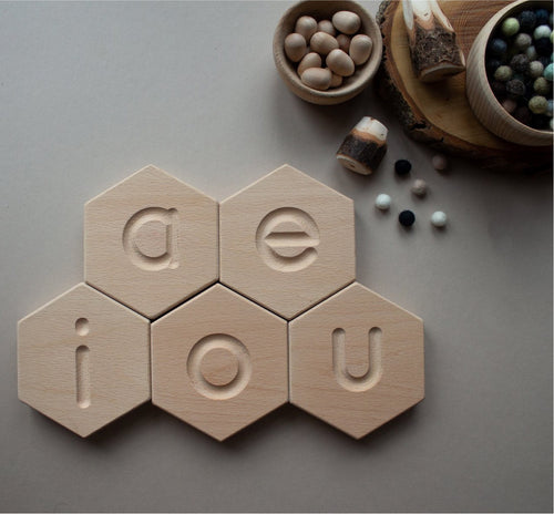 vowel hex tiles - wooden montessori learning resource