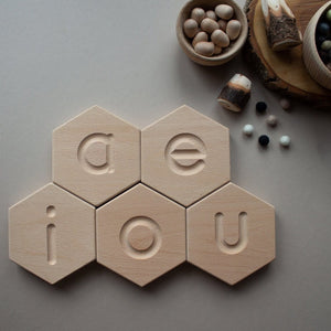 vowel hex tiles - wooden montessori learning resource