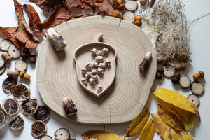 Wooden acorn sensory play tray with small acorn wooden loose parts