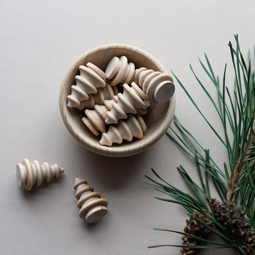 small wooden christmas trees, set of 10 for loose parts play