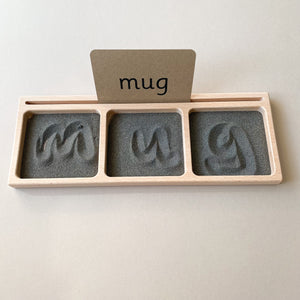 three part sand writing tray with word flashcards