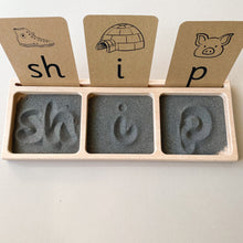 Load image into Gallery viewer, Three part sand writing tray with phonics flashcards
