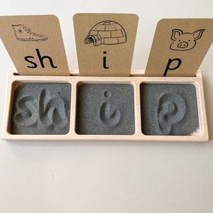 Three part sand writing tray with phonics flashcards