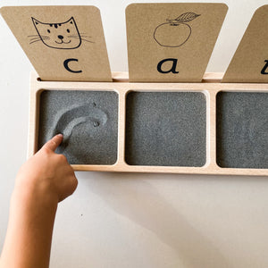 three part sand writing tray with phonics flash cards