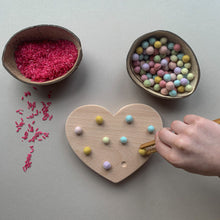 Load image into Gallery viewer, Heart fine motor board mini felt balls bamboo tongs loose parts play