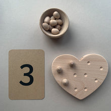 Load image into Gallery viewer, Heart fine motor board with number flashcards and loose parts wooden eggs